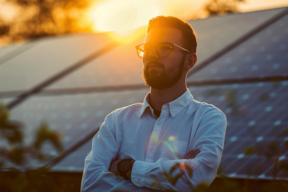 a imagem mostra um homem de braços cruzados e ao fundo paineis solares como vender com bandeira verde