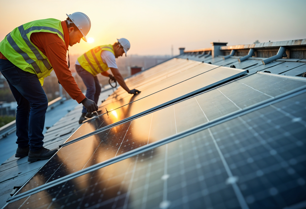 a imagem mostra dois operadores fazendo a instalação de paineis solares que demonstram vantagens da energia solar