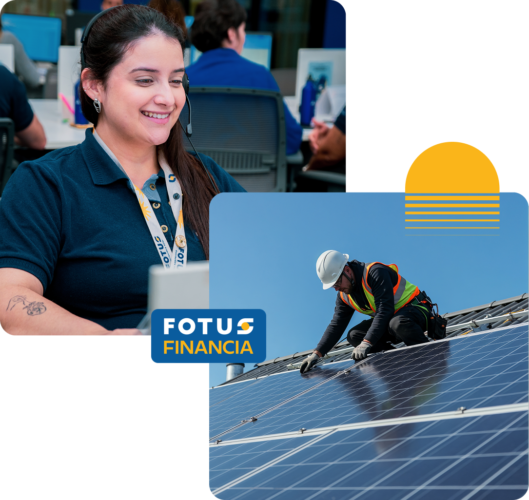 Atendente da Fotus e instalador em telhado solar, com o selo Fotus Financia