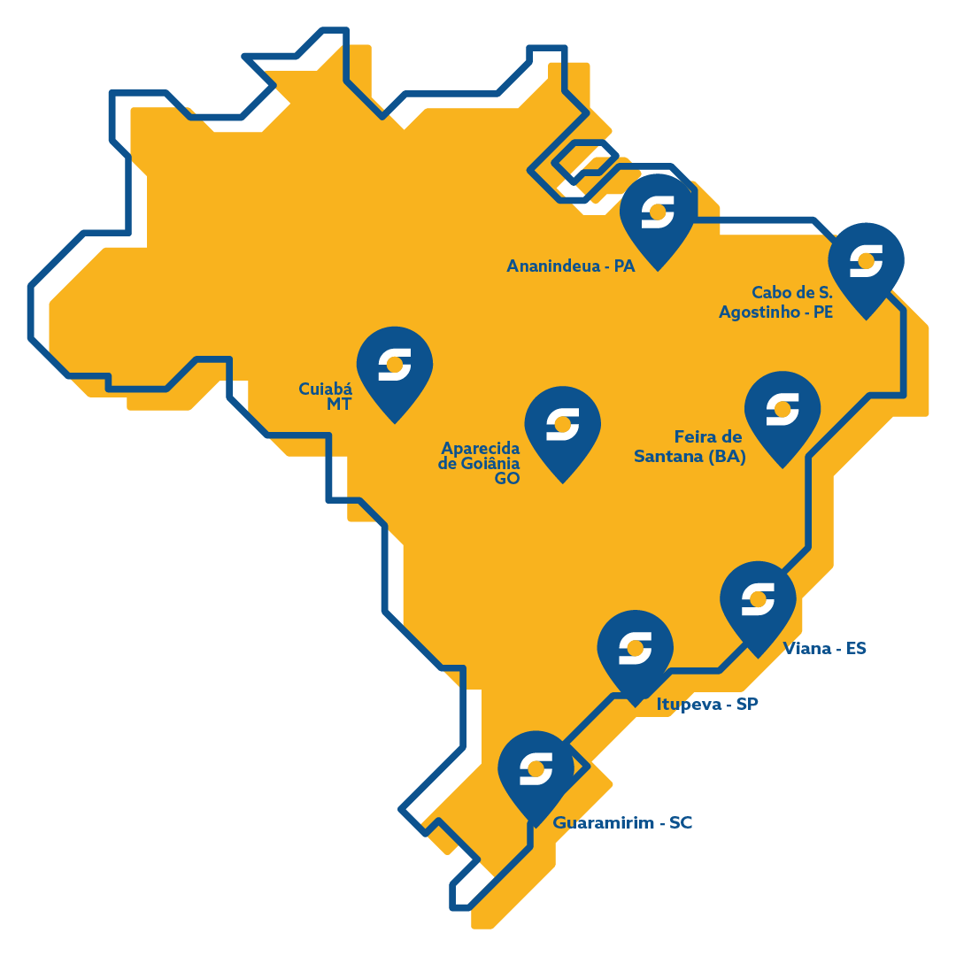 Mapa do Brasil com os centros de distribuição da Fotus